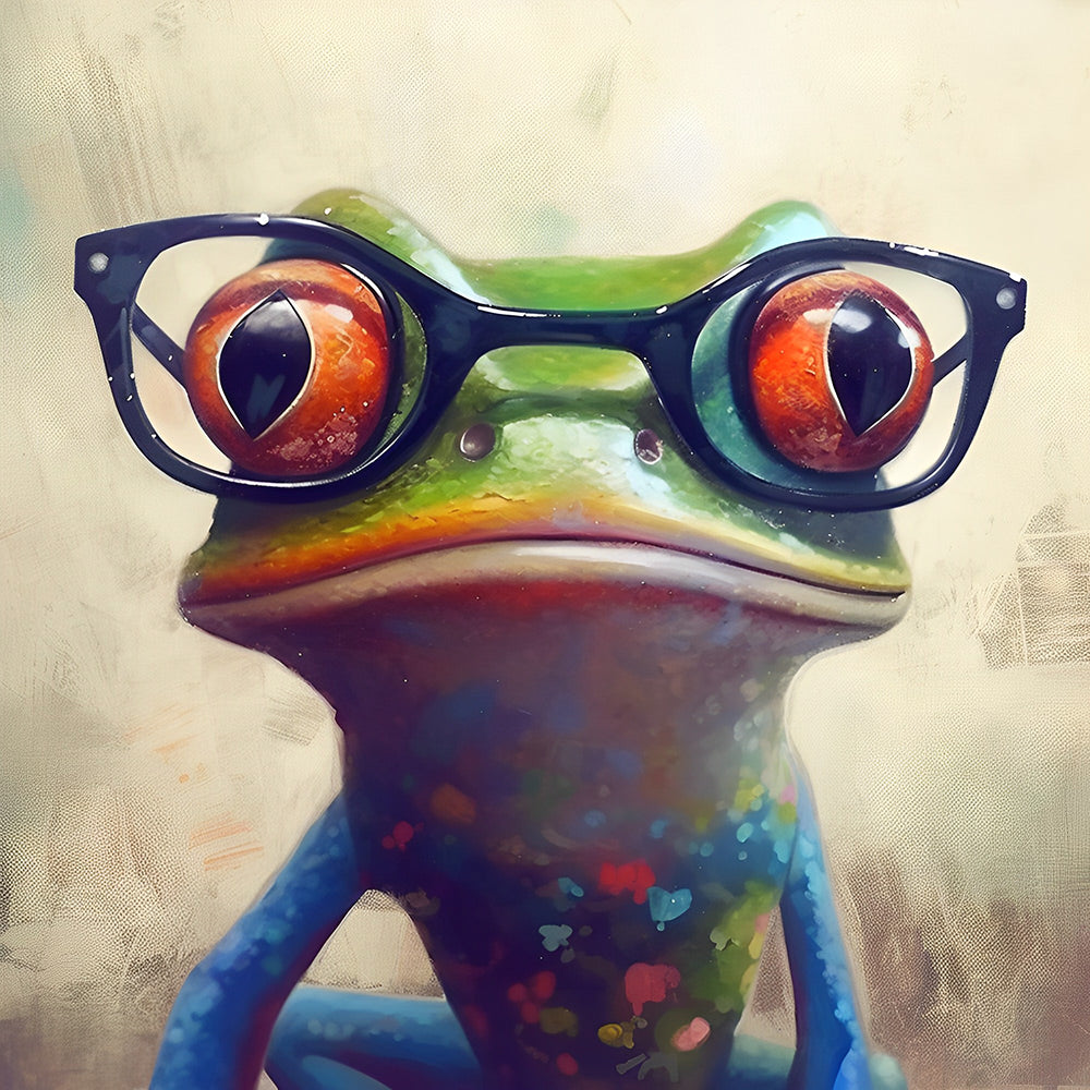Quirky frog wearing glasses cross stitch kit for beginners