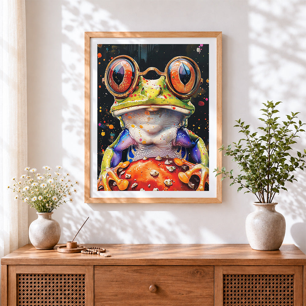 Finished quirky frog with glasses and toadstool cross stitch artwork displayed