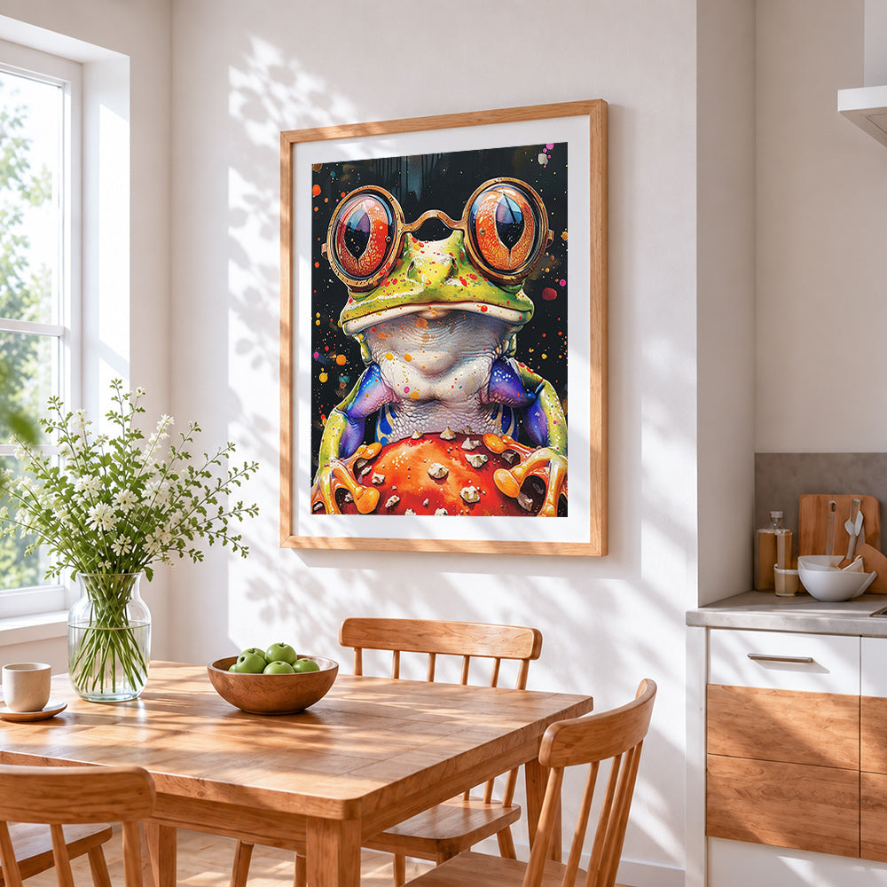 Quirky frog with glasses and toadstool cross stitch artwork displayed on wall as home decor