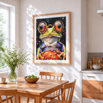 Quirky frog with glasses and toadstool cross stitch artwork displayed on wall as home decor