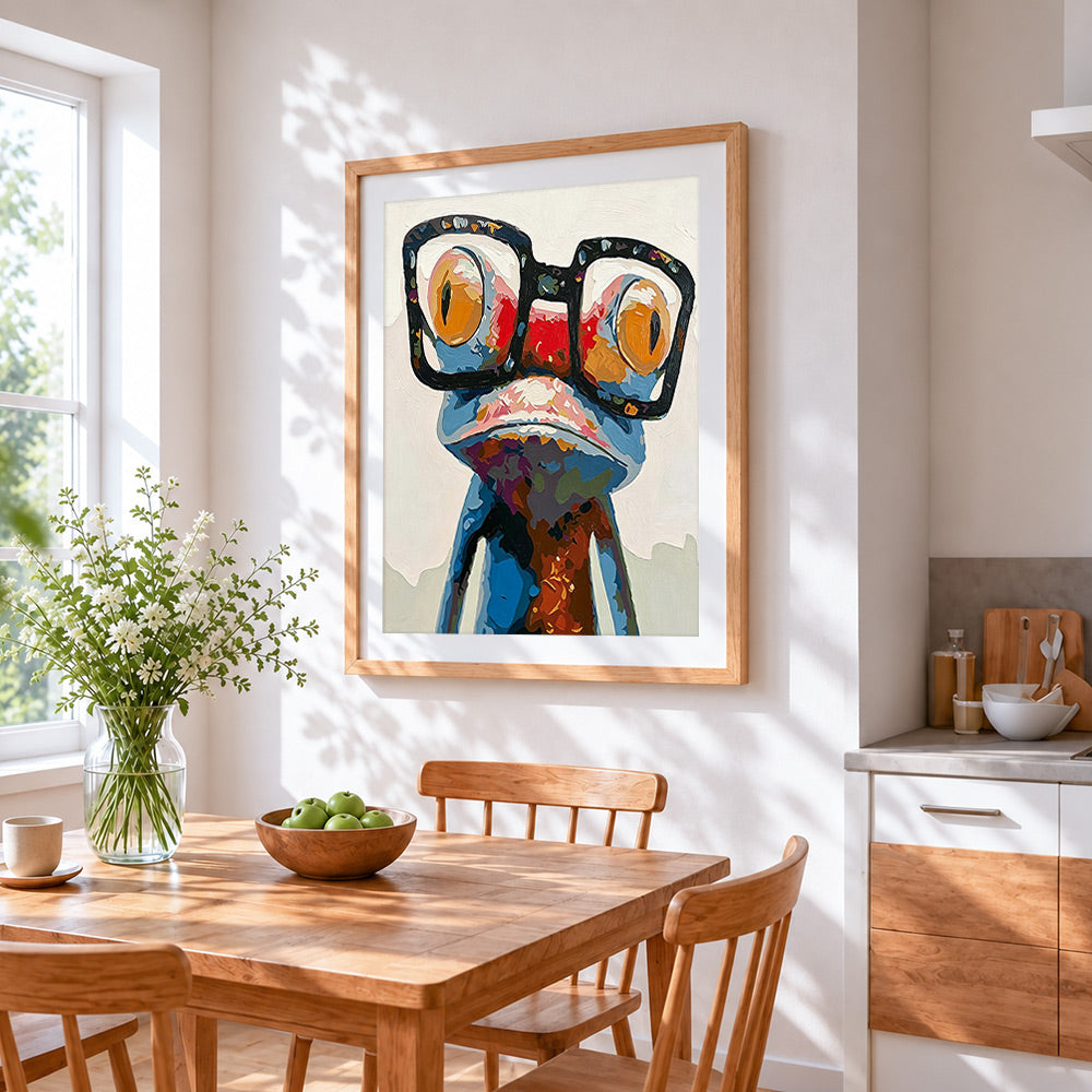 Quirky frog with oversized glasses cross stitch artwork displayed on wall as home decor