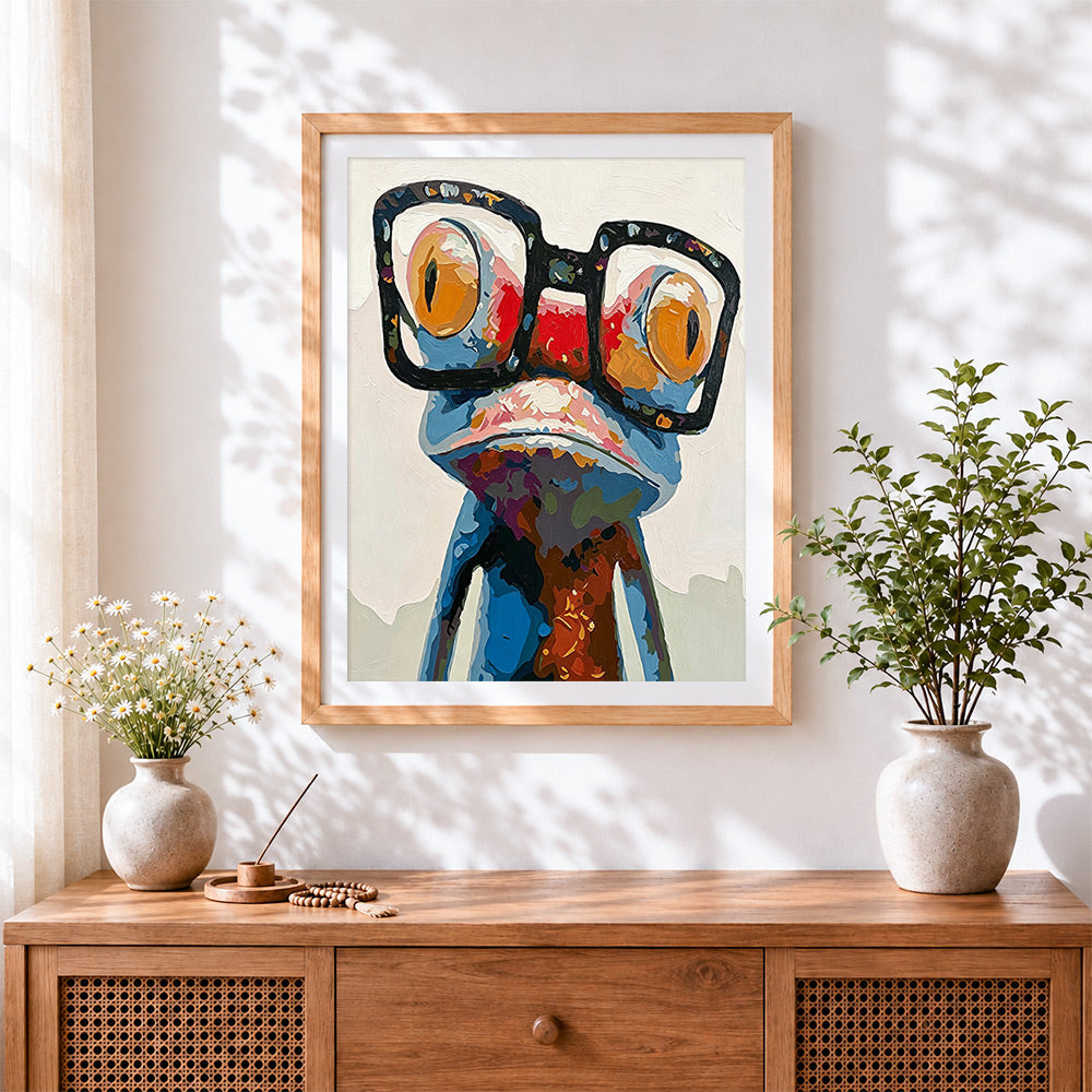 Finished quirky frog with oversized glasses paint by numbers artwork displayed as home decor