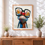 Finished quirky frog with oversized glasses paint by numbers artwork displayed as home decor