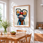 Quirky frog with oversized glasses paint by numbers artwork displayed on wall as home decor