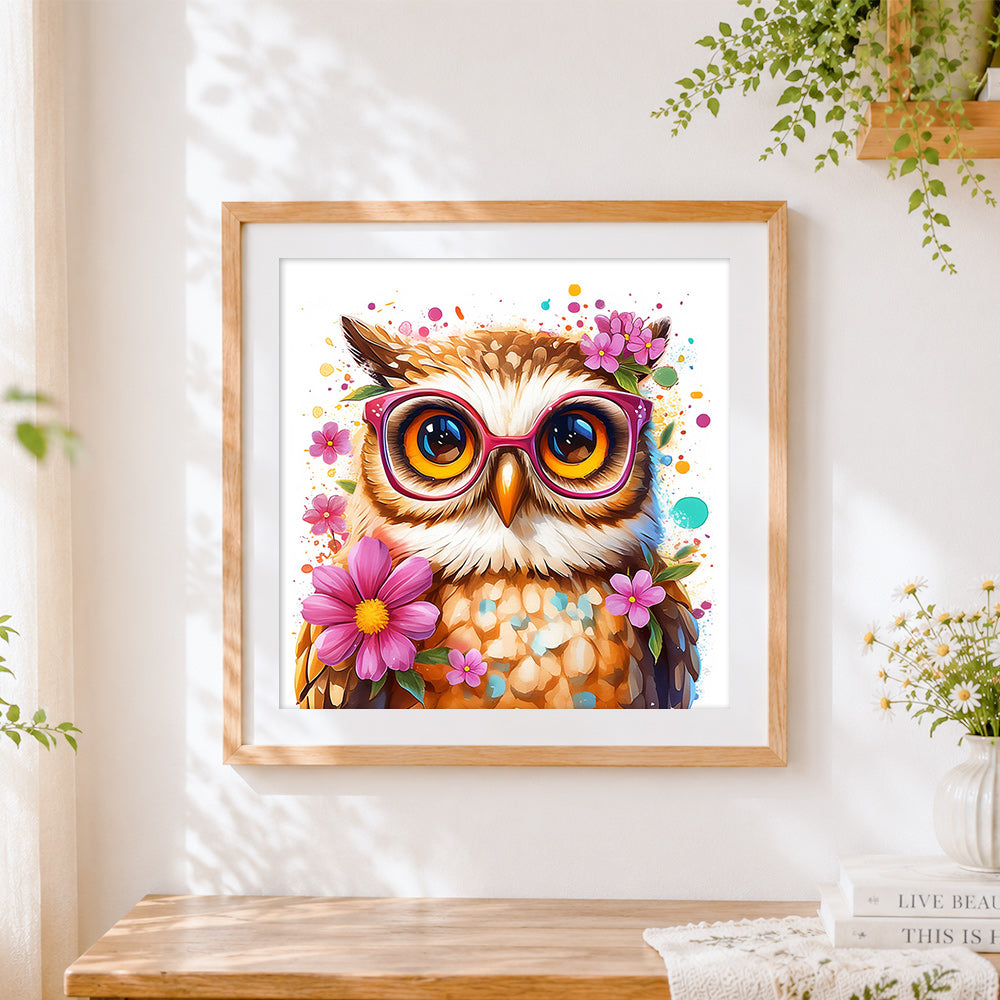 Finished quirky owl wearing pink glasses cross stitch artwork displayed