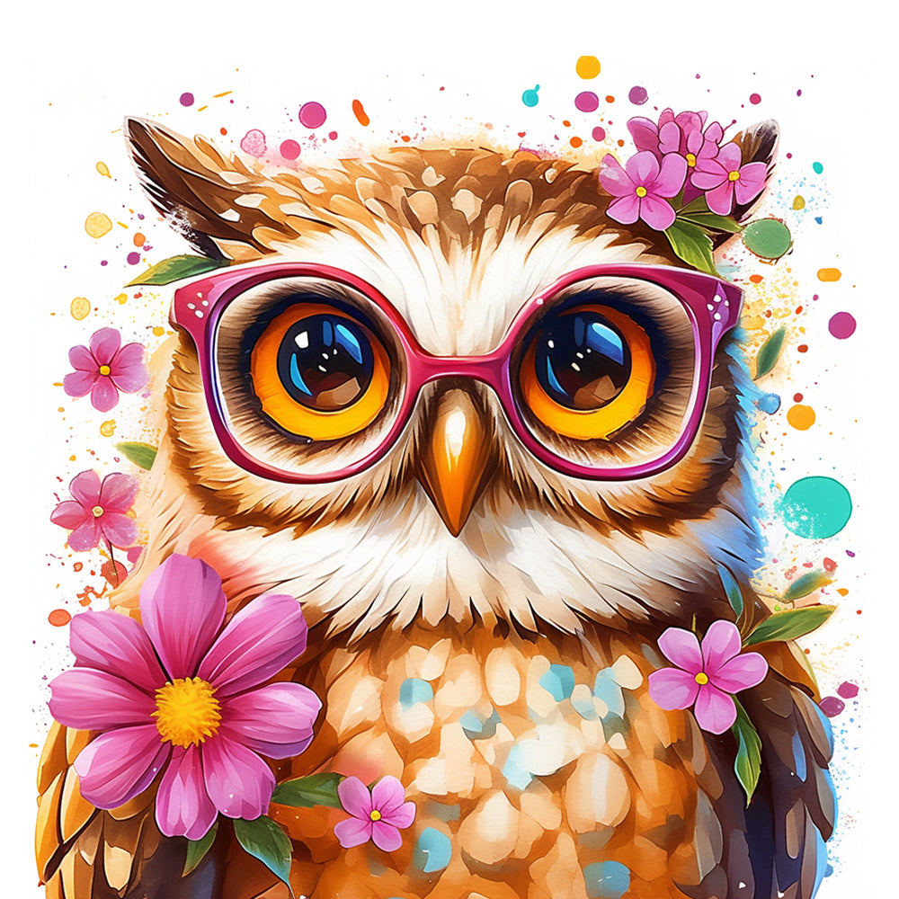 Quirky owl wearing pink glasses cross stitch kit for beginners