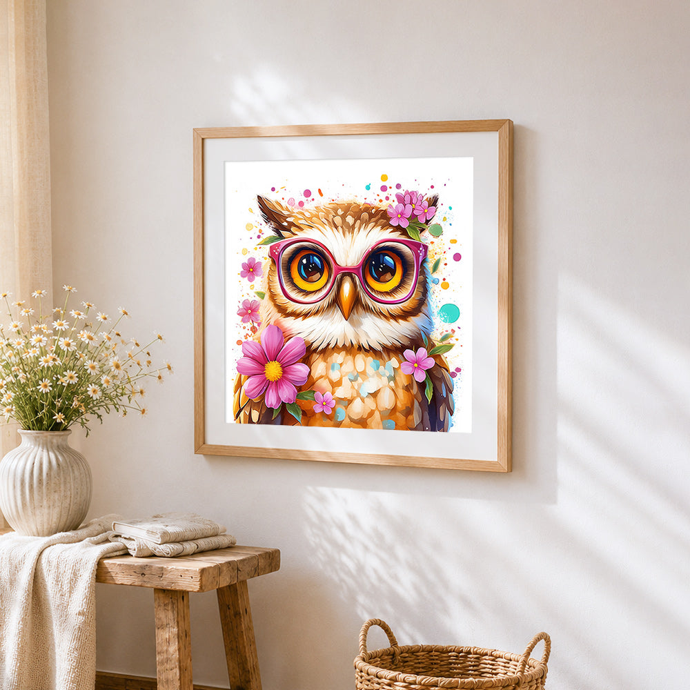 Quirky owl wearing pink glasses cross stitch artwork displayed on wall as home decor