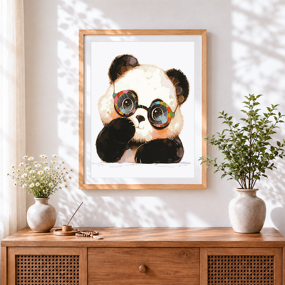 Finished quirky panda with glasses cross stitch artwork displayed