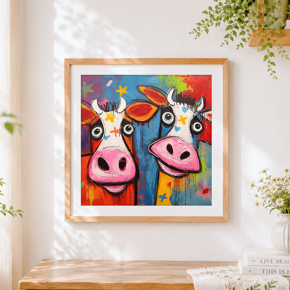 Finished quirky pop art cows cross stitch artwork displayed