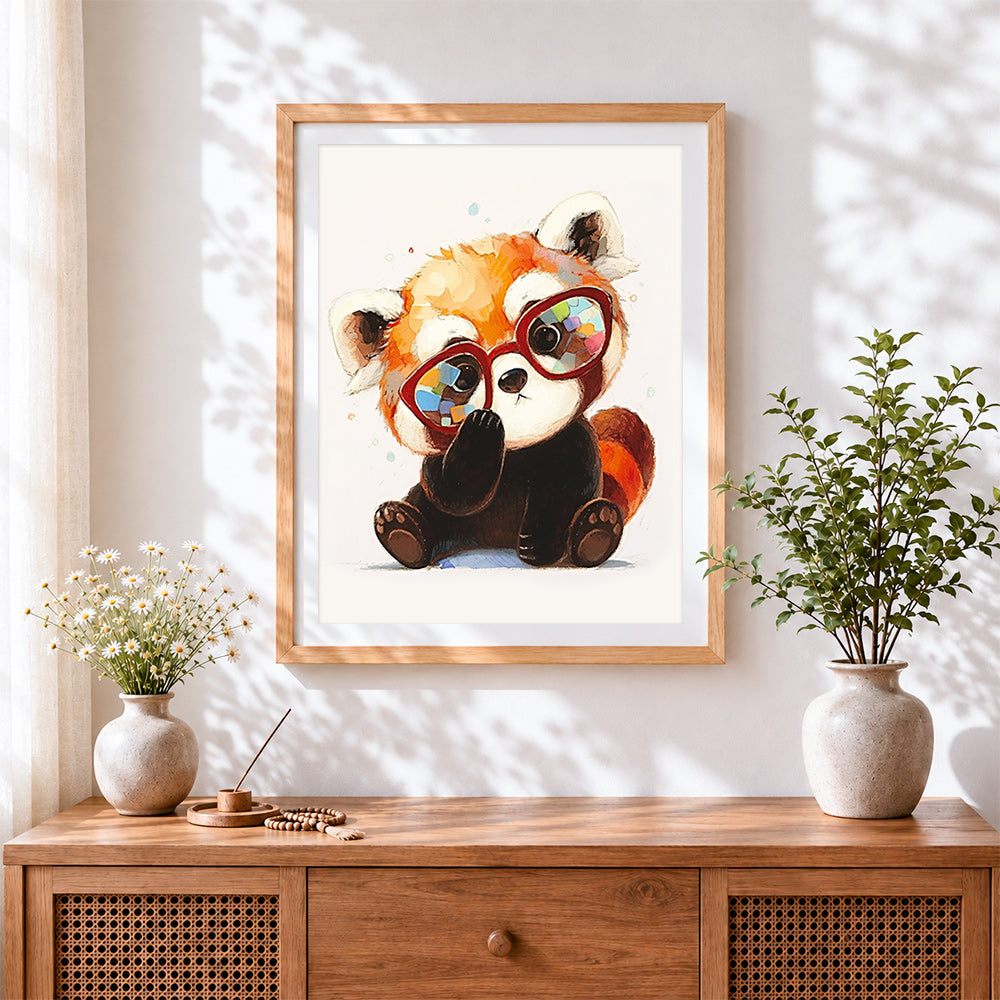 Finished quirky red panda with glasses cross stitch artwork displayed