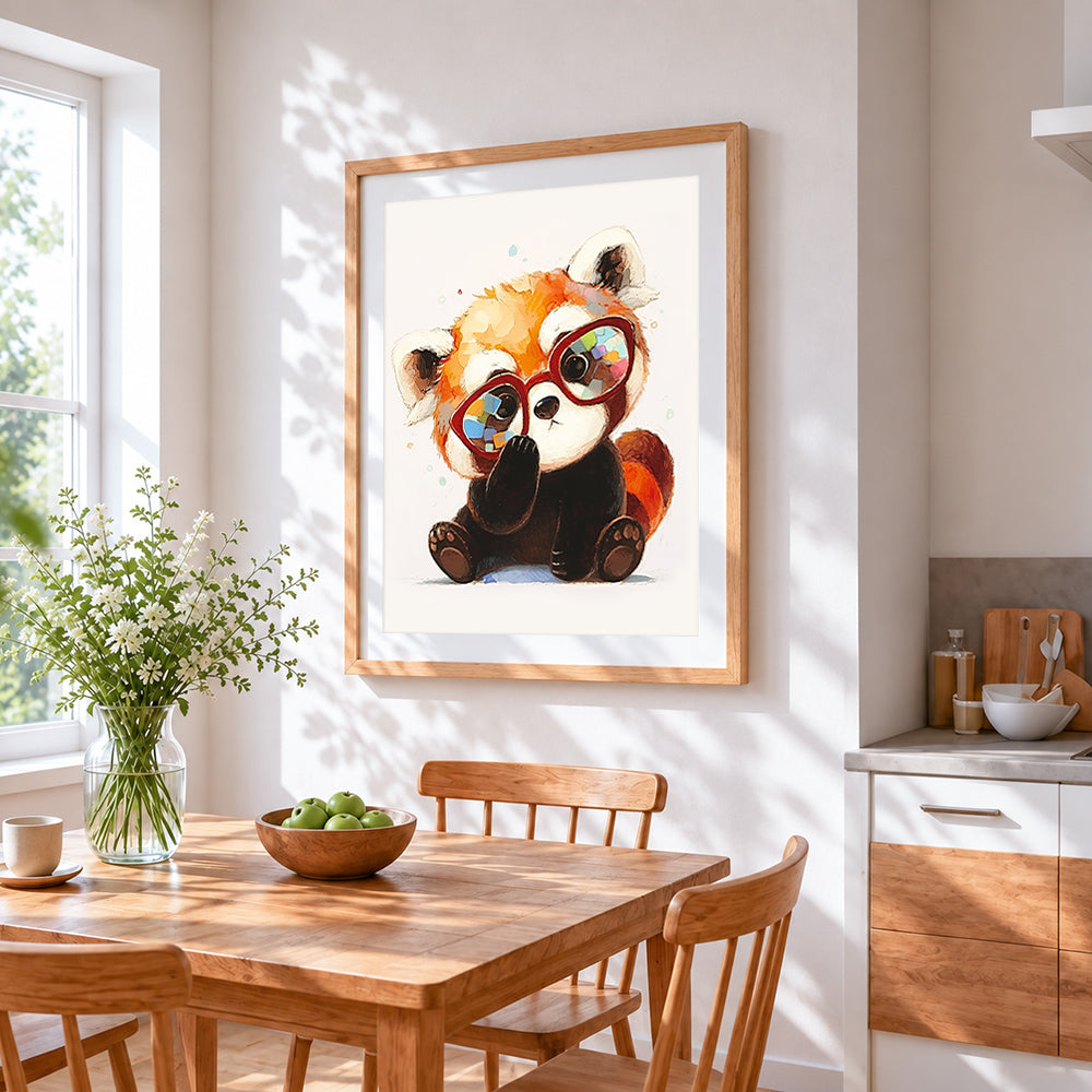 Quirky red panda with glasses cross stitch artwork displayed on wall as home decor
