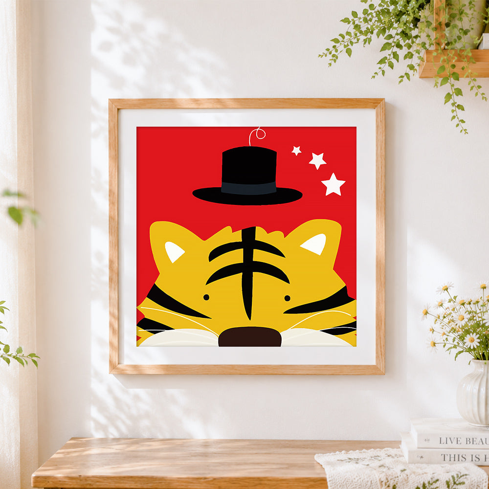 Finished quirky tiger with top hat cross stitch artwork displayed