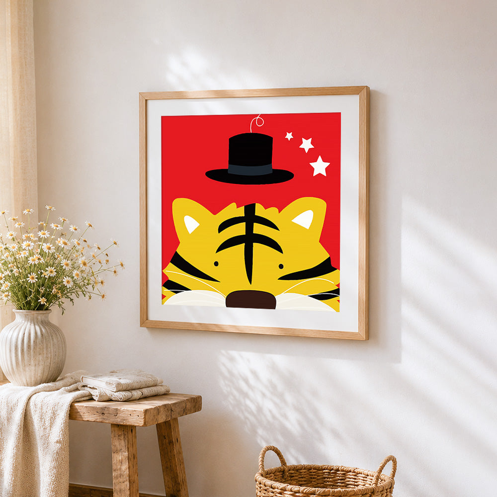 Quirky tiger with top hat cross stitch artwork displayed on wall as home decor