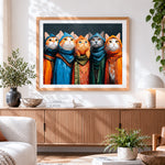 Finished quirky vintage cats in colourful scarves cross stitch artwork displayed
