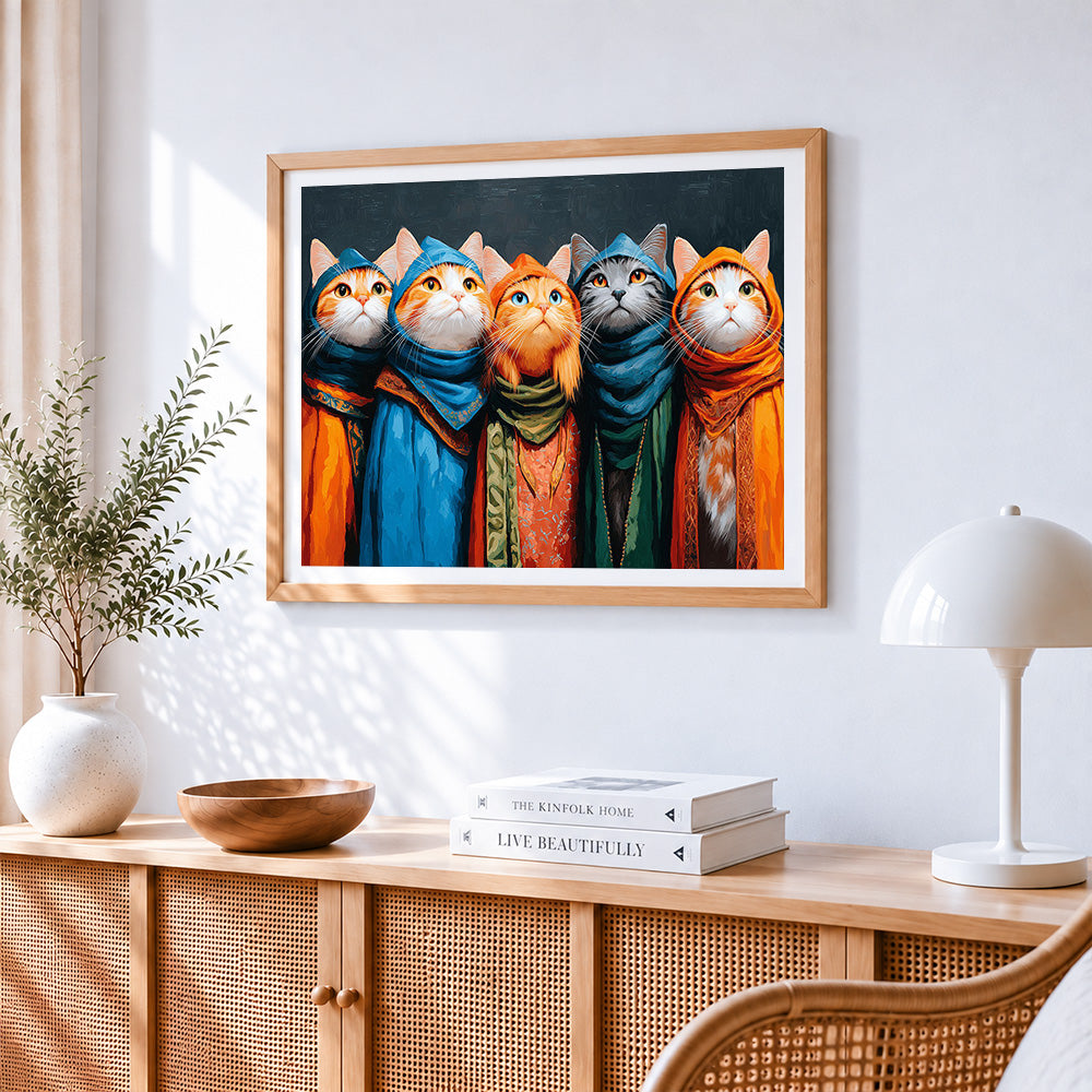 Quirky vintage cats in colourful scarves cross stitch artwork displayed on wall as home decor