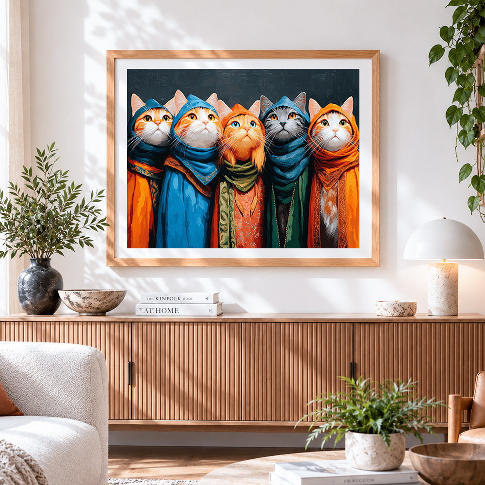Finished quirky vintage cats in colourful scarves paint by numbers artwork displayed as home decor