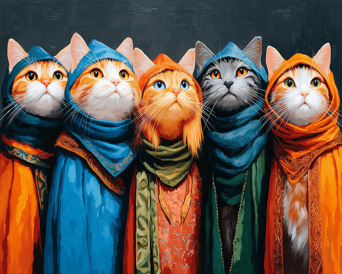 Quirky vintage cats in colourful scarves paint by numbers kit for beginners