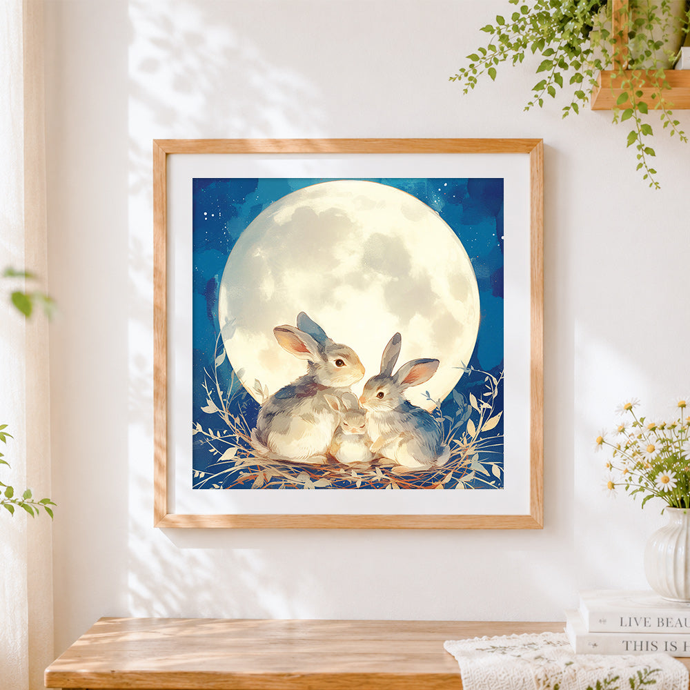 Finished rabbit family in the moonlight cross stitch artwork displayed