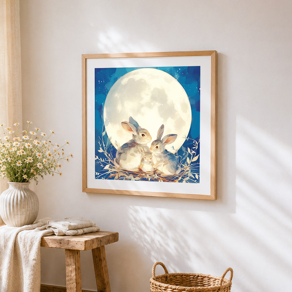 Rabbit family in the moonlight cross stitch artwork displayed on wall as home decor