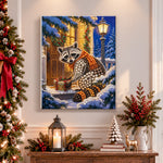 Finished raccoon delivering holiday present pearl diamond painting artwork displayed as holiday home decor