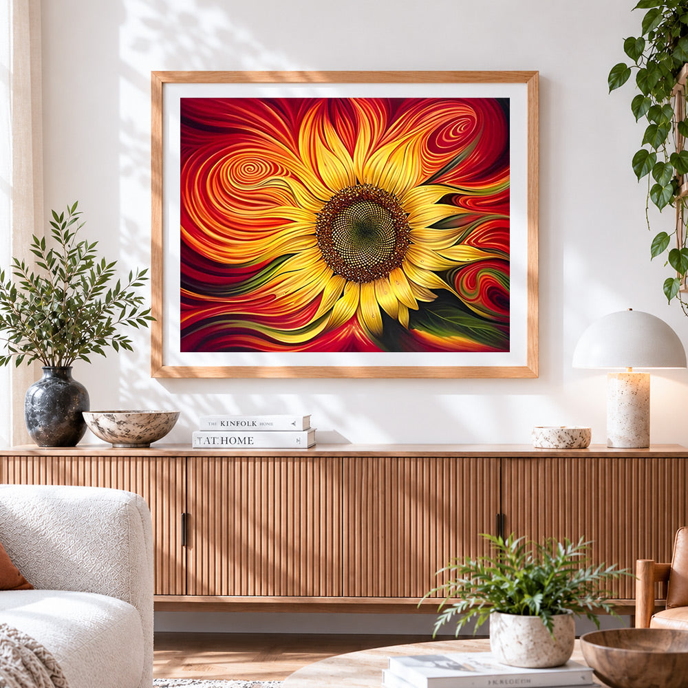 Finished radiant sunflower with swirls cross stitch artwork displayed