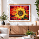 Finished radiant sunflower with swirls cross stitch artwork displayed
