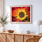 Radiant sunflower with swirls cross stitch artwork displayed on wall as home decor