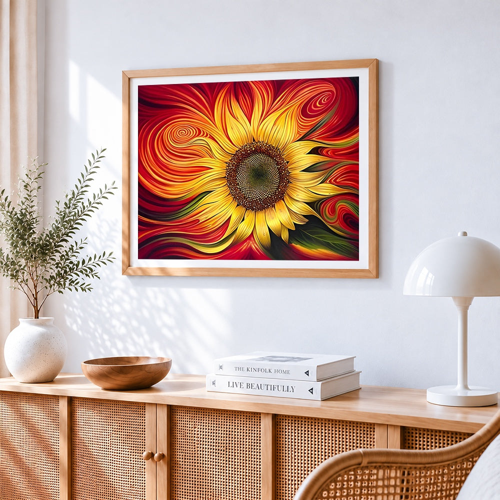 Radiant sunflower with swirls cross stitch artwork displayed on wall as home decor