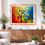 Finished rainbow abstract tree cross stitch artwork displayed