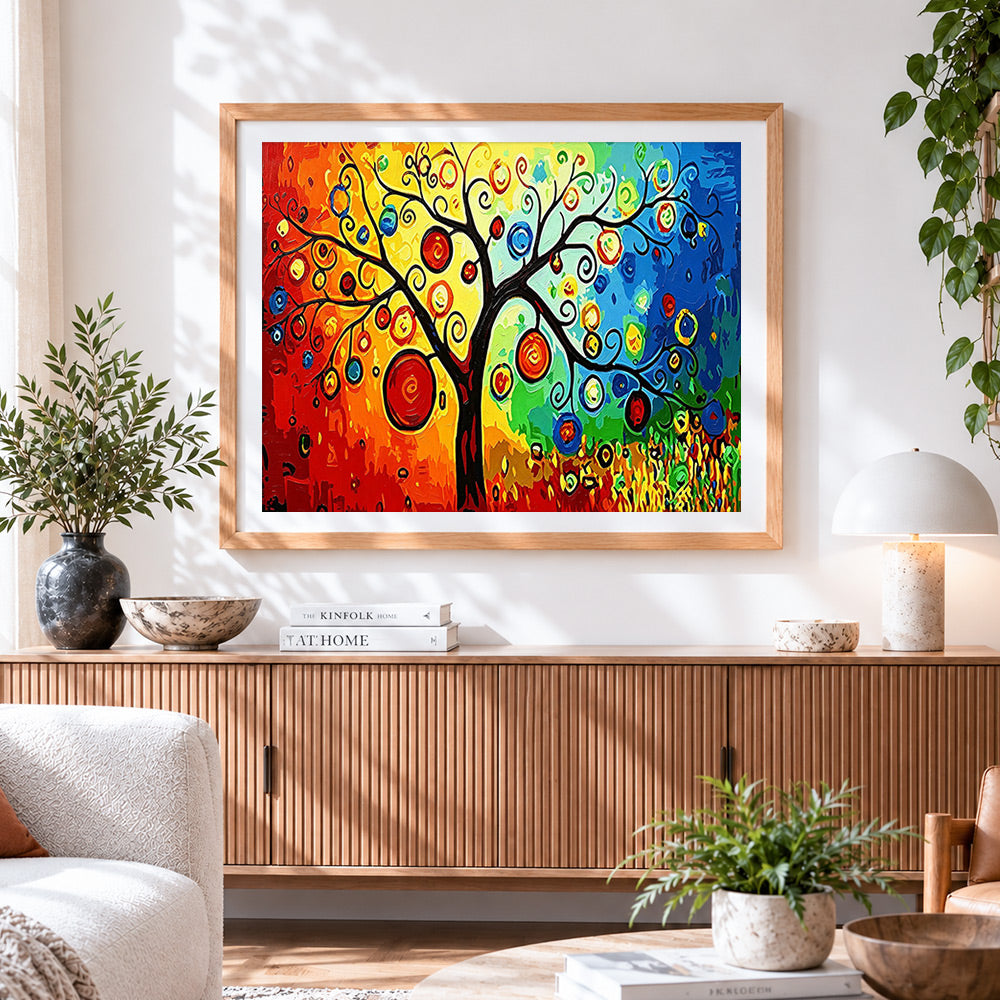 Finished rainbow abstract tree cross stitch artwork displayed