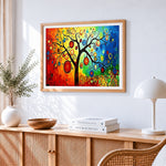 Rainbow abstract tree paint by numbers artwork displayed on wall as home decor