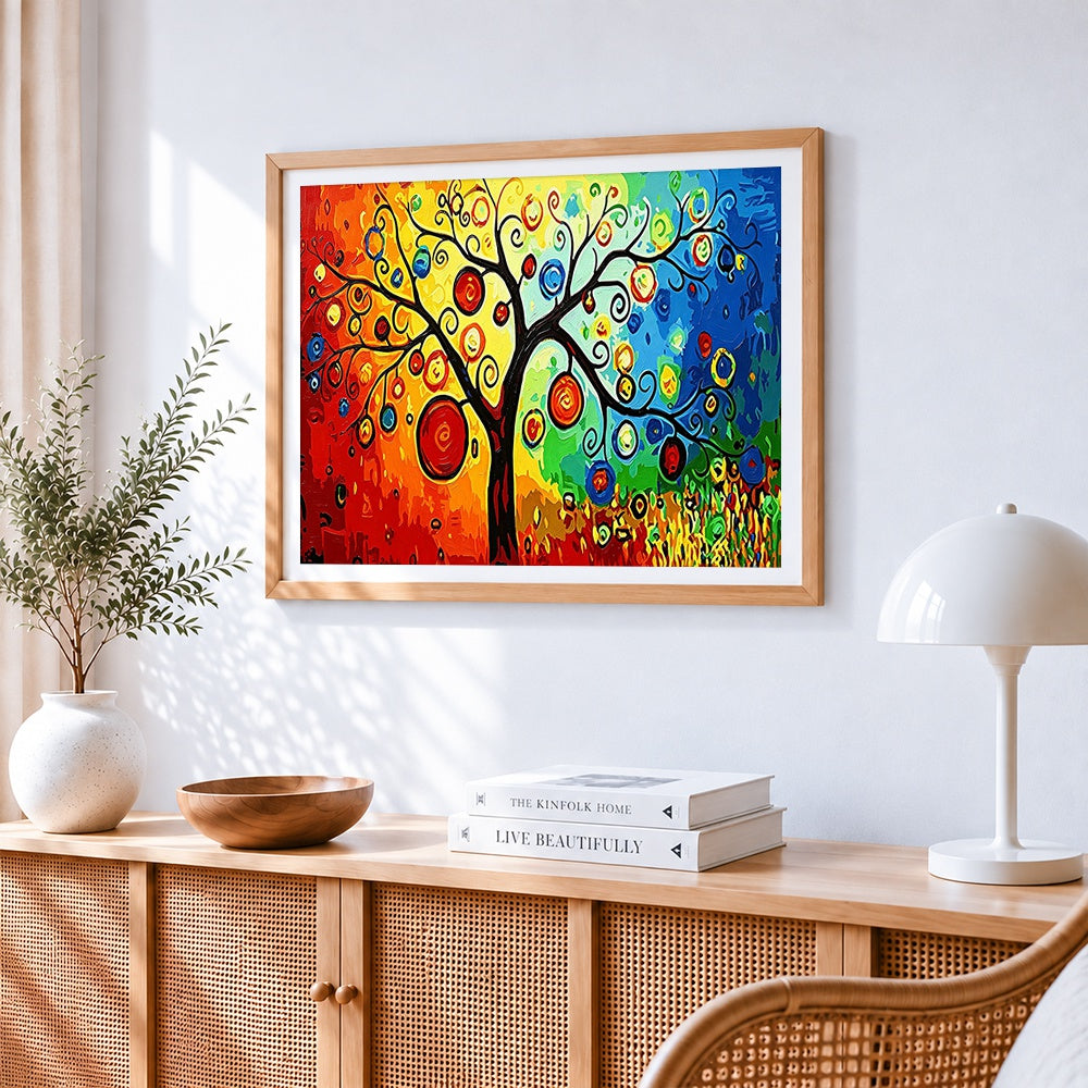 Rainbow abstract tree paint by numbers artwork displayed on wall as home decor