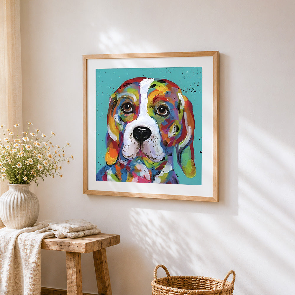 Rainbow beagle portrait cross stitch artwork displayed on wall as home decor