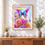 Finished rainbow butterfly and roses cross stitch artwork displayed