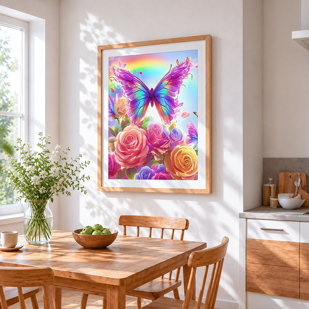 Rainbow butterfly and roses cross stitch artwork displayed on wall as home decor