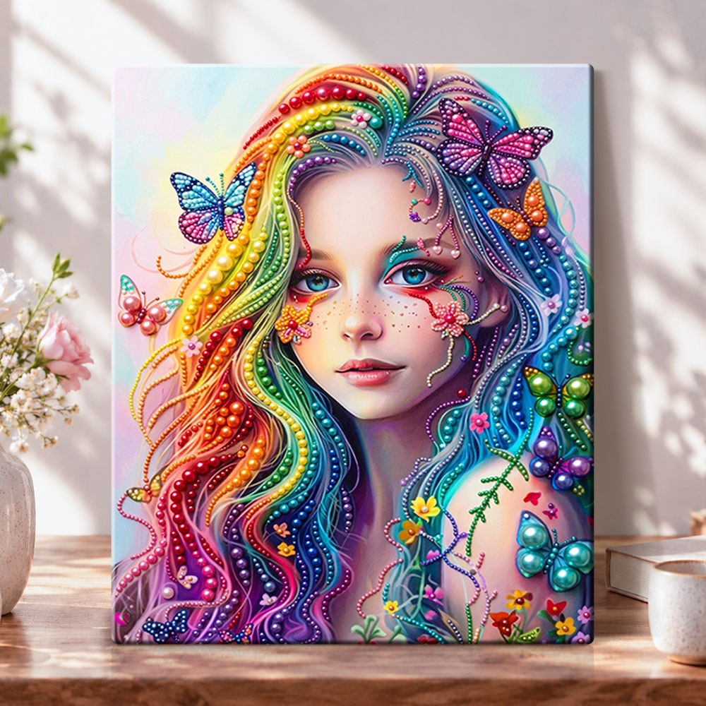 Finished rainbow butterfly maiden pearl diamond painting artwork displayed as home decor