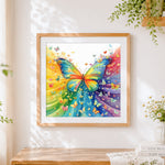 Finished rainbow butterfly swarm cross stitch artwork displayed