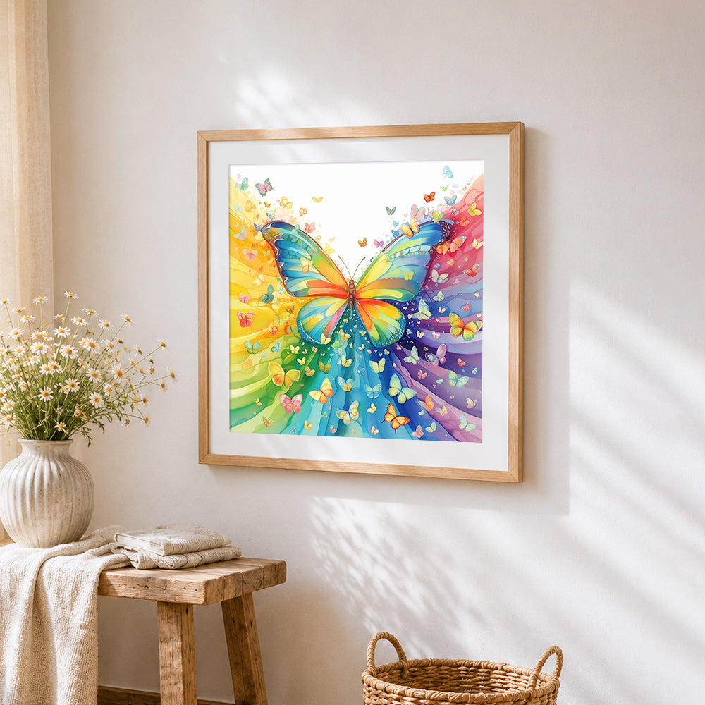 Rainbow butterfly swarm cross stitch artwork displayed on wall as home decor