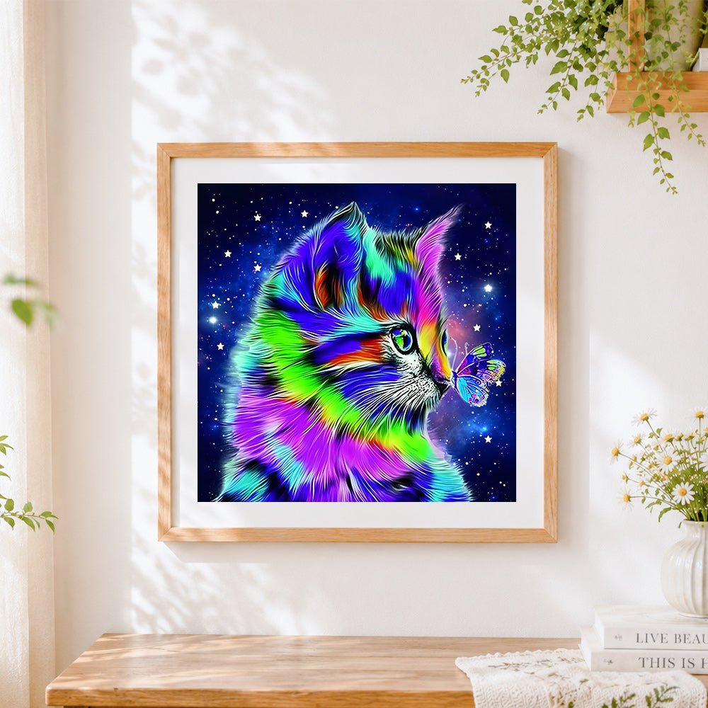 Finished rainbow cat and butterfly in starry night cross stitch artwork displayed