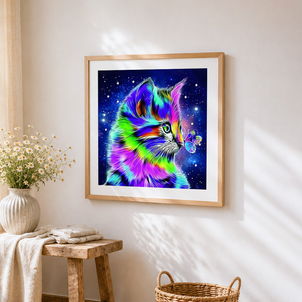 Rainbow cat and butterfly in starry night paint by numbers artwork displayed on wall as home decor