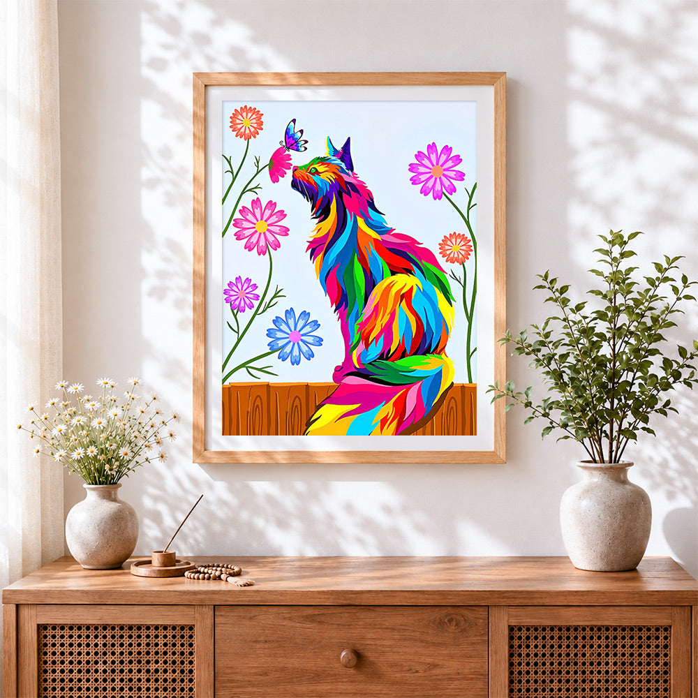 Finished rainbow cat watching a butterfly cross stitch artwork displayed