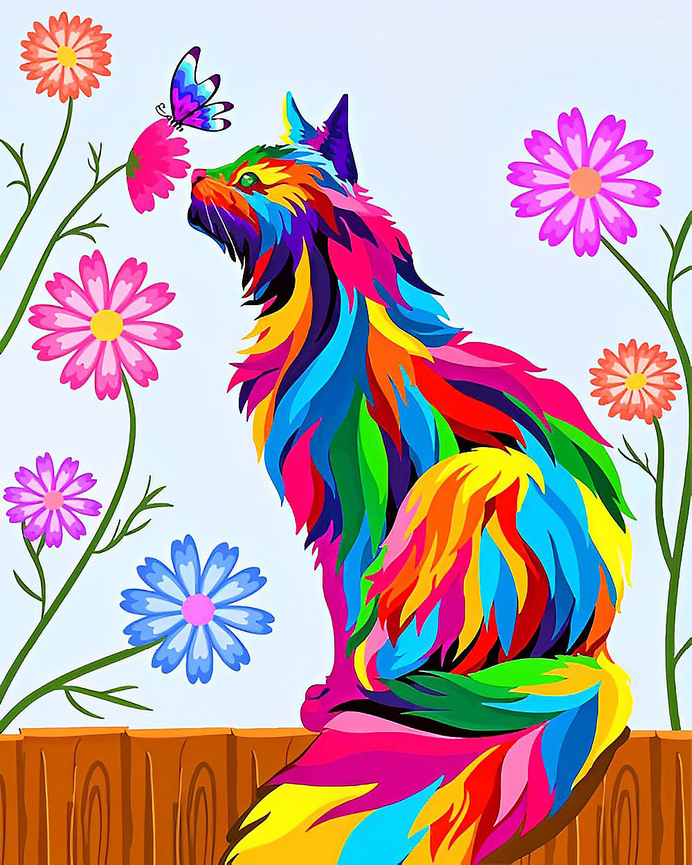 Rainbow cat watching a butterfly cross stitch kit for beginners