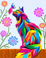Rainbow cat watching a butterfly paint by numbers kit for beginners