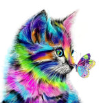 Rainbow cat with a colourful butterfly paint by numbers kit for beginners