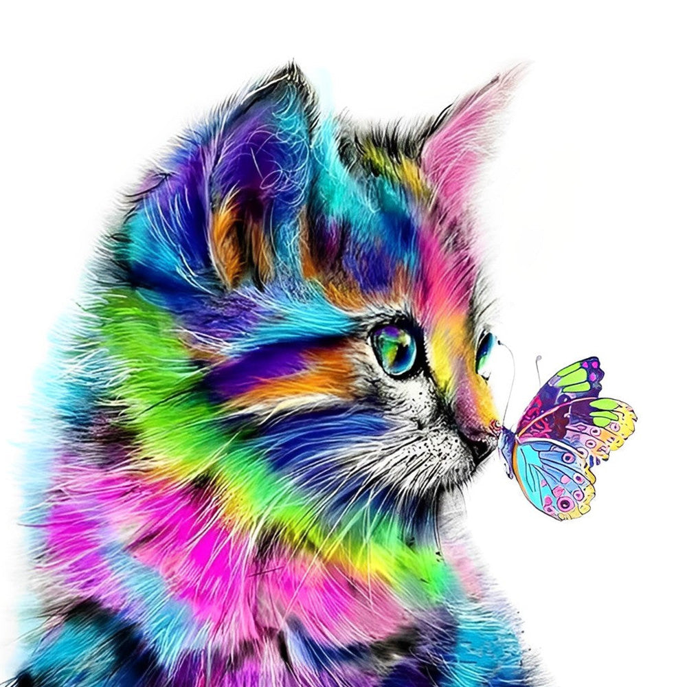 Rainbow cat with a colourful butterfly paint by numbers kit for beginners