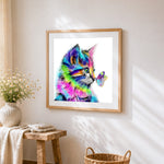 Rainbow cat with a colourful butterfly paint by numbers artwork displayed on wall as home decor