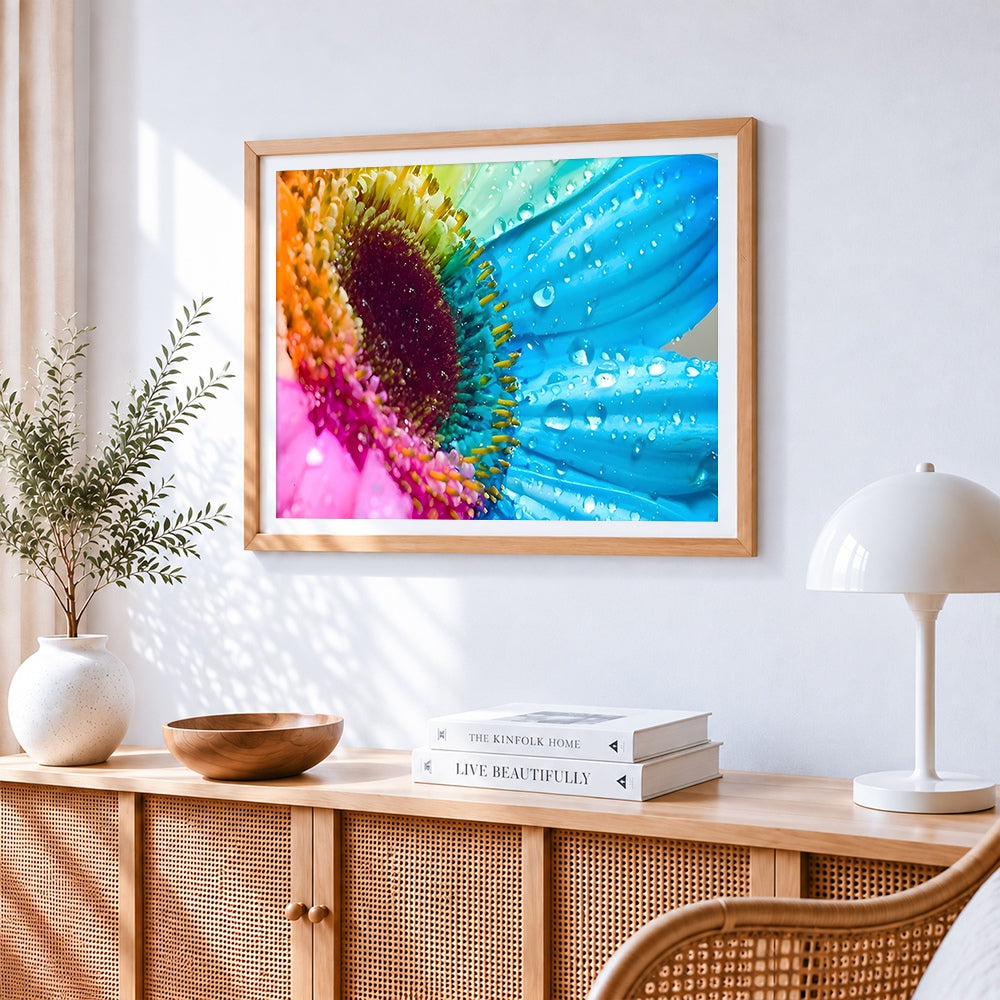 Rainbow daisy macro close up cross stitch artwork displayed on wall as home decor