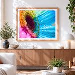 Finished rainbow daisy macro close up paint by numbers artwork displayed as home decor
