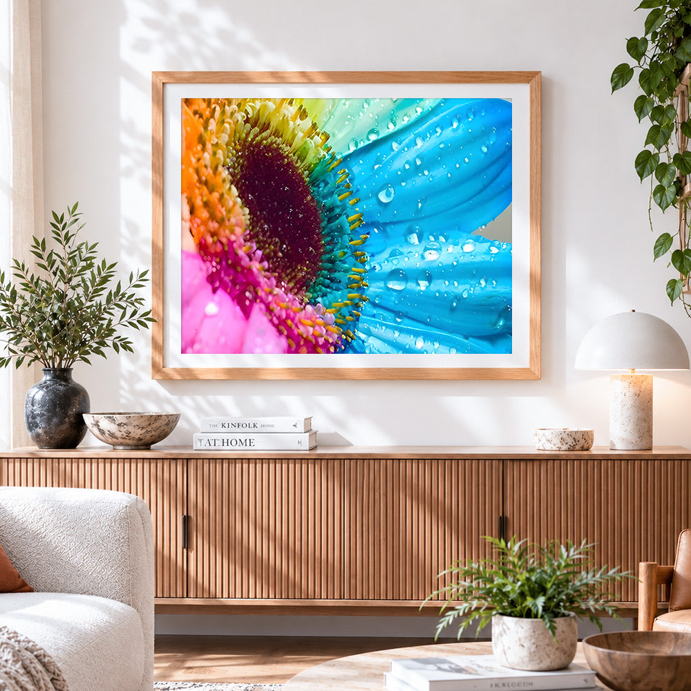 Finished rainbow daisy macro close up paint by numbers artwork displayed as home decor