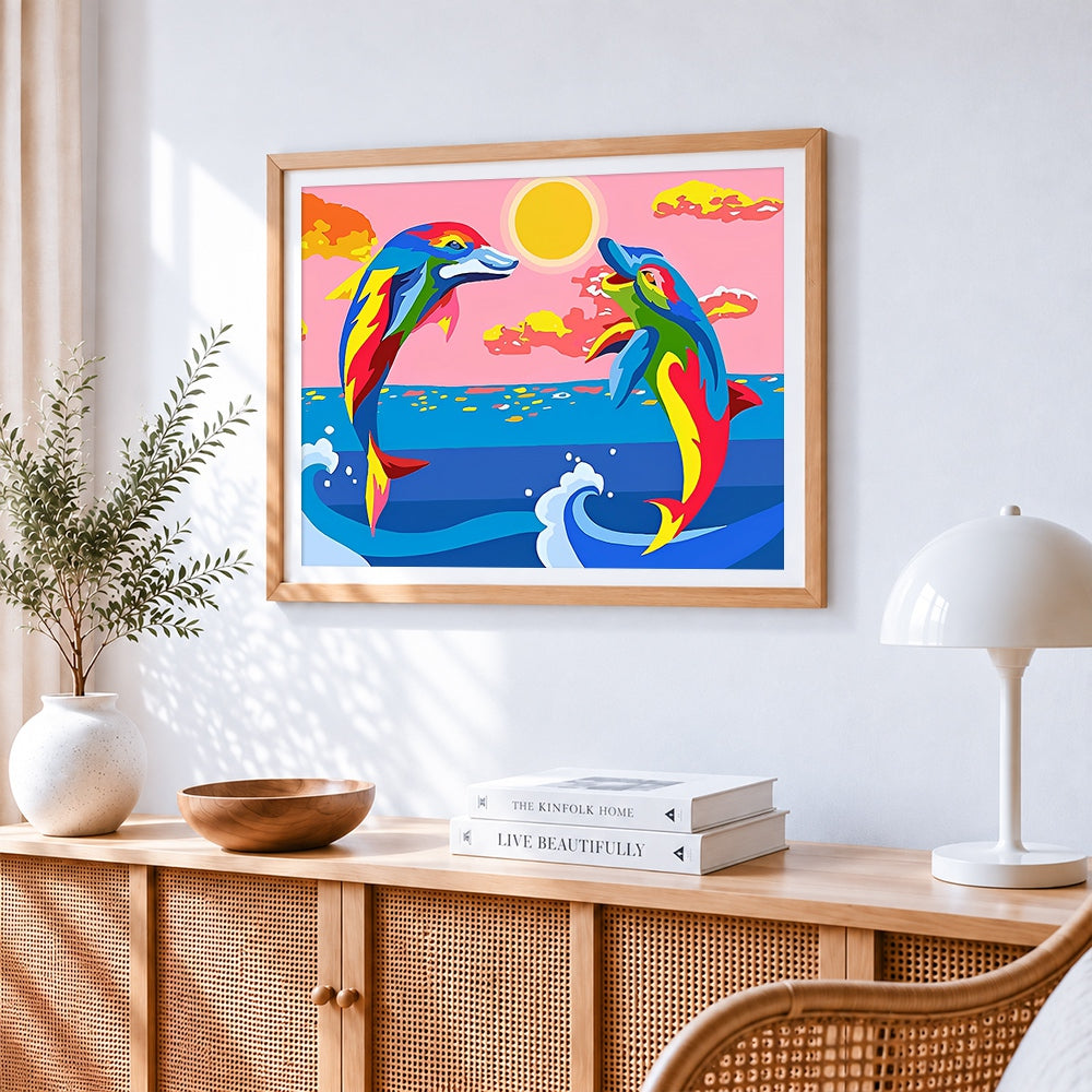 Rainbow dolphins jumping cross stitch artwork displayed on wall as home decor